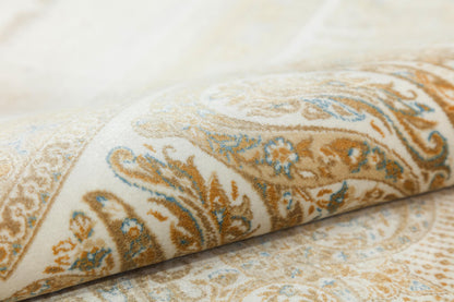 7x10 ft, Beige Classic Silk Rug with paisley desing on the border, fine fringes
