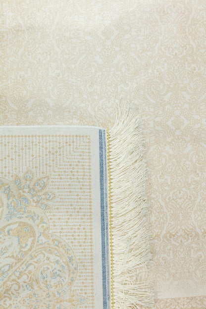 7x10 ft, Beige Classic Silk Rug with paisley desing on the border, fine fringes