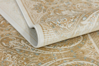 7x10 ft, Beige Classic Silk Rug with paisley desing on the border, fine fringes