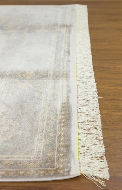 7x10 ft, Gray Silk Rug with medallion design: Classic oriental carpet with fine Fringes