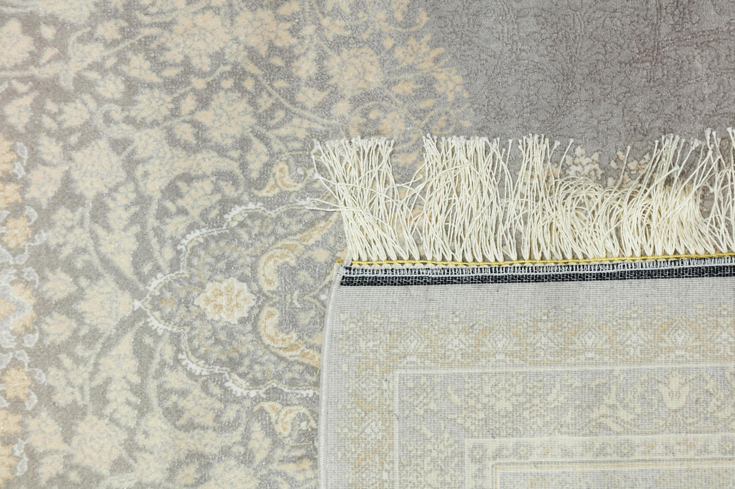 8x11 ft, Gray Silk Rug with medallion design: Classic oriental carpet with fine Fringes