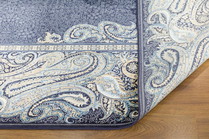 7x10ft, Fine Blue Oriental Silk Rug, Distressed Persian Design, Silk Look Carpet
