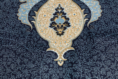 7x10ft, Fine Blue Oriental Silk Rug, Distressed Persian Design, Silk Look Carpet