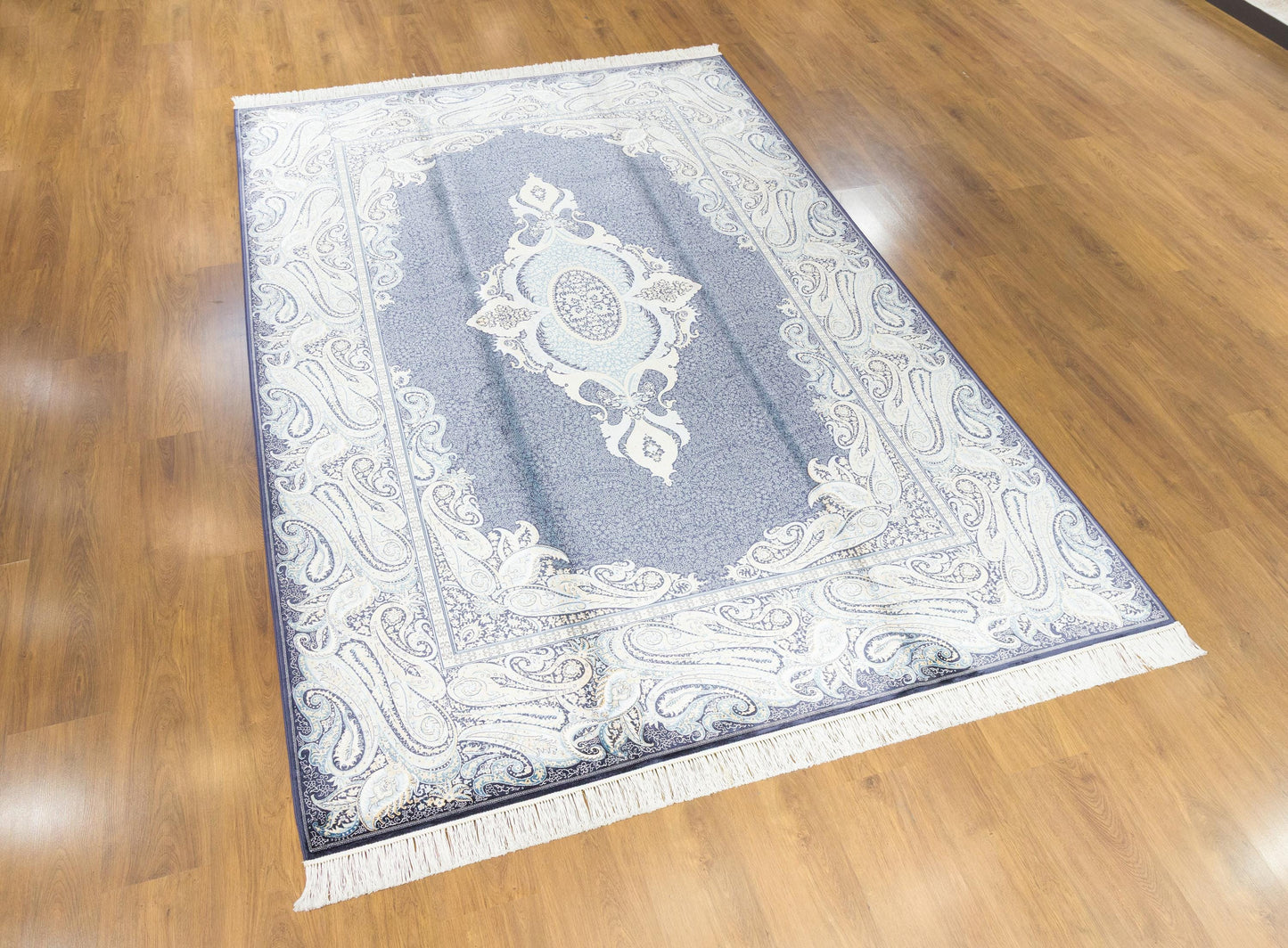 7x10ft, Fine Blue Oriental Silk Rug, Distressed Persian Design, Silk Look Carpet