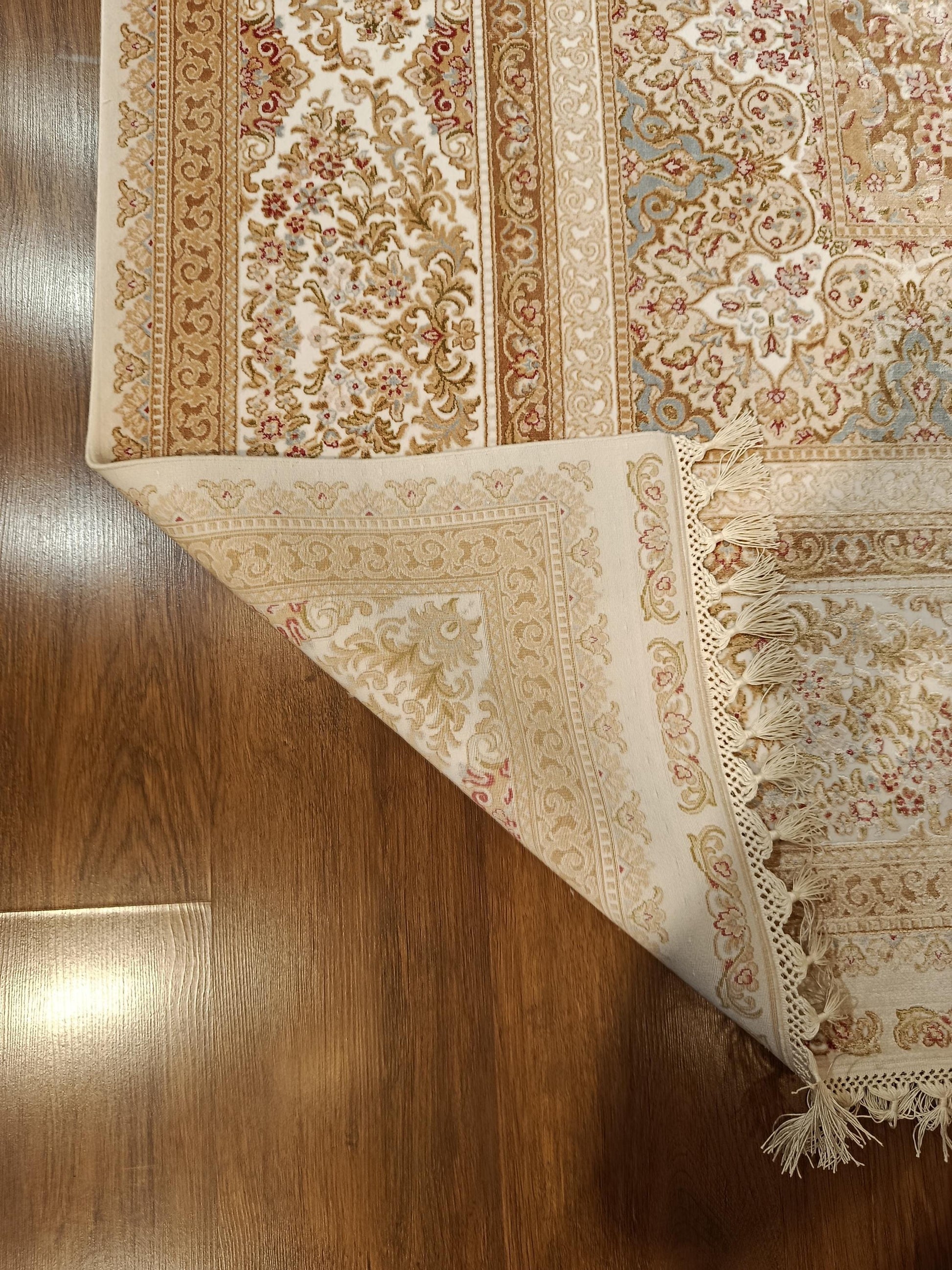 9x21 ft, Large Classic Beige Silk Rug - Distressed Medallion Design Carpet