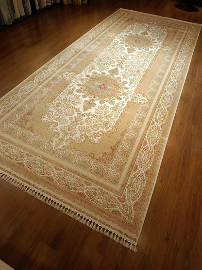 9x21 ft, Large Classic Beige Silk Rug - Distressed Medallion Design Carpet