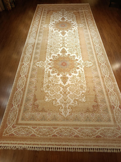 9x21 ft, Large Classic Beige Silk Rug - Distressed Medallion Design Carpet