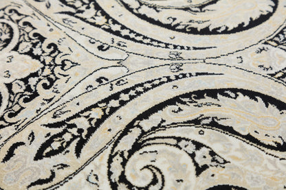 7x10 ft, Black Classic Silk Rug with paisley desing on the border, fine fringes