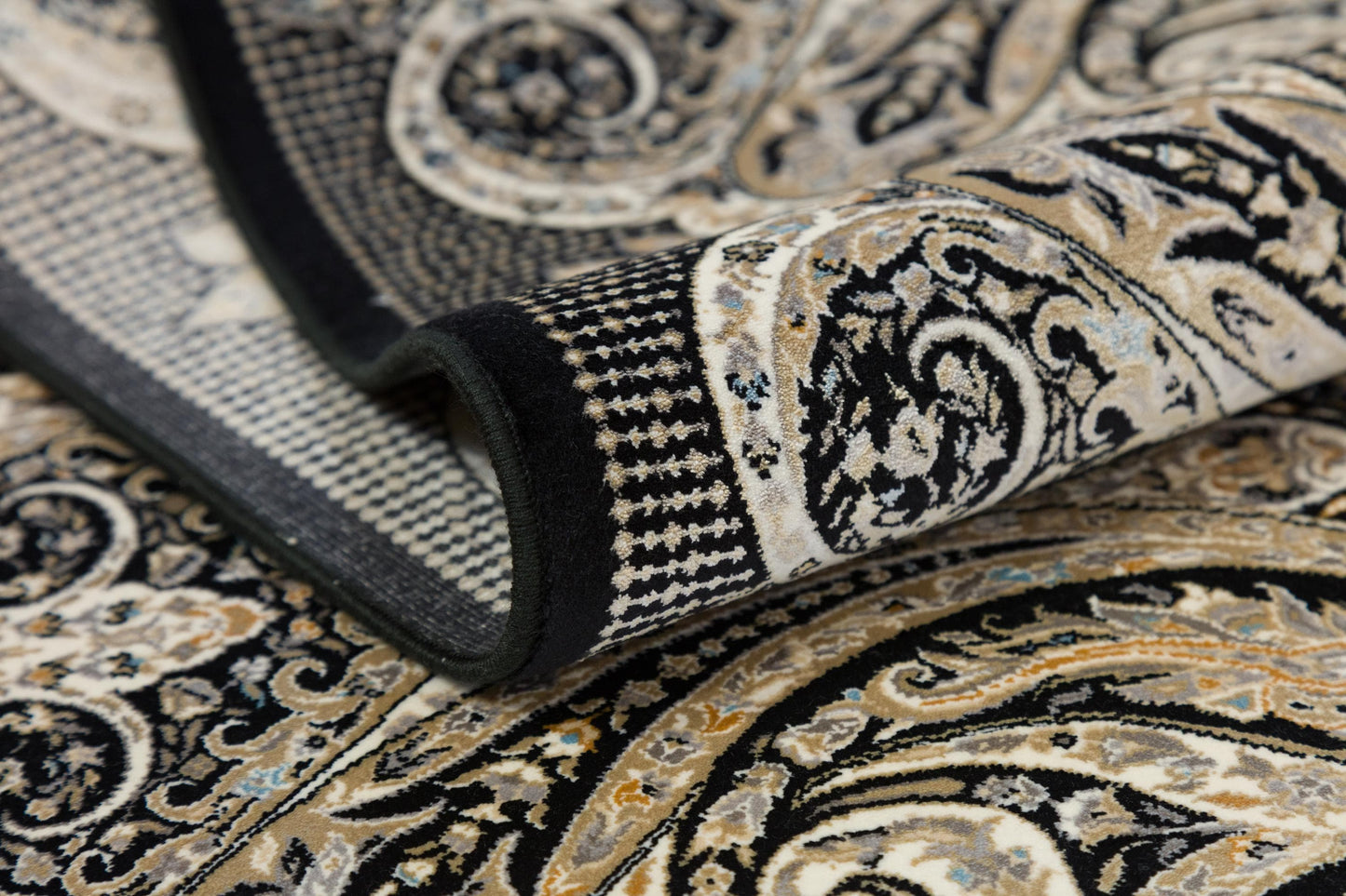 7x10 ft, Black Classic Silk Rug with paisley desing on the border, fine fringes