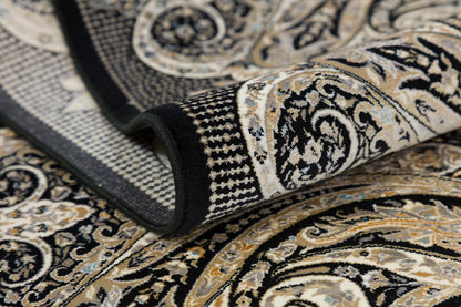 7x10 ft, Black Classic Silk Rug with paisley desing on the border, fine fringes