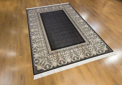 5x7 ft, Black Classic Silk Rug with paisley desing on the border, fine fringes