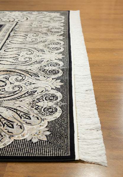 8x11 ft, Black Classic Silk Rug with paisley desing on the border, fine fringes