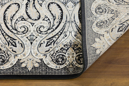 5x7 ft, Black Classic Silk Rug with paisley desing on the border, fine fringes