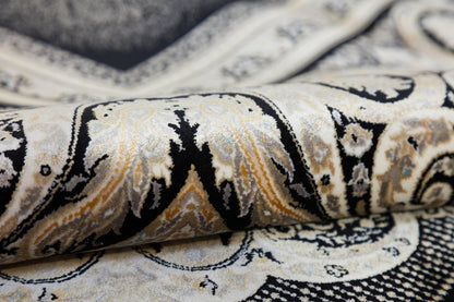 5x7 ft, Black Classic Silk Rug with paisley desing on the border, fine fringes