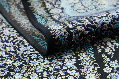 7x10 ft, Classic Black Silk Rug: Oriental black fine carpet with Fringes