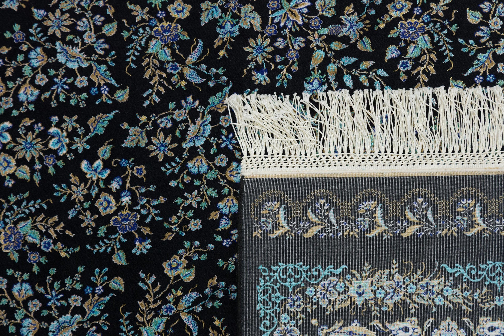 7x10 ft, Classic Black Silk Rug: Oriental black fine carpet with Fringes