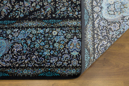 7x10 ft, Classic Black Silk Rug: Oriental black fine carpet with Fringes