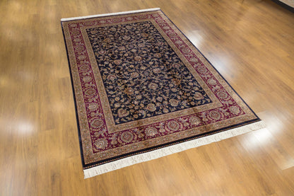 7x10 ft, Classic Blue Silk Rug: Oriental blue fine carpet with Fringes