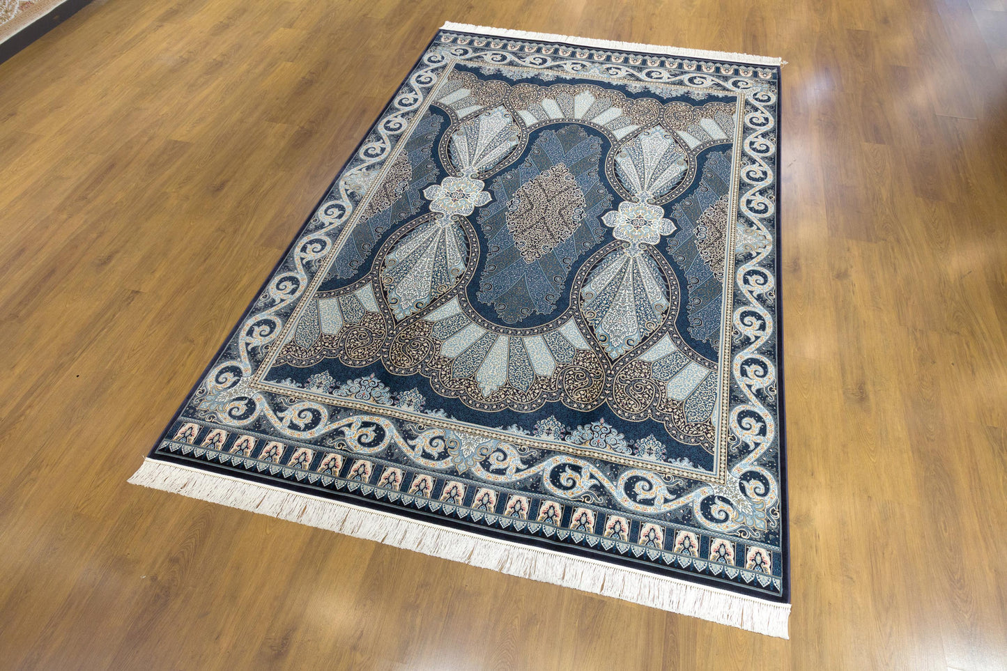 7x10ft, Classic Blue Oriental Silk Rug, Distressed Persian Design, Silk Look Carpet