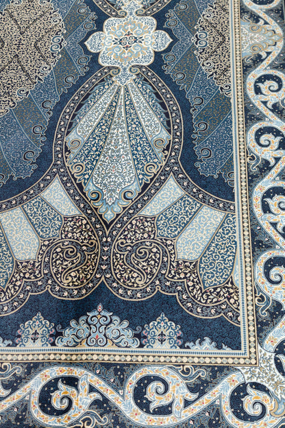 7x10ft, Classic Blue Oriental Silk Rug, Distressed Persian Design, Silk Look Carpet