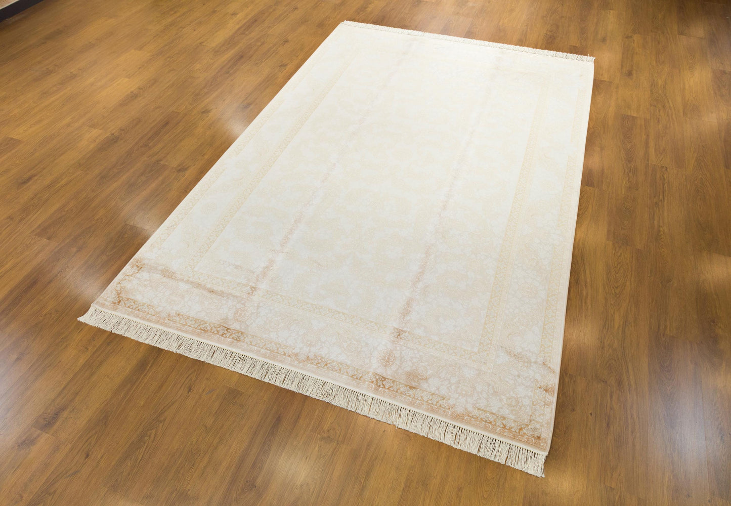 8x11 ft, Beige Floral Classic Silk Rug: Oriental carpet with fine tassels