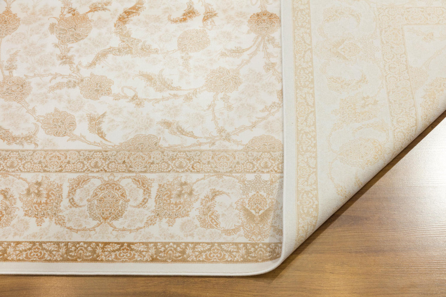 5x7 ft, Beige Floral Classic Silk Rug: Oriental carpet with fine tassels