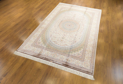 7x10 ft, Beige Classic oriental medallion Silk Rug made with viscose yarn