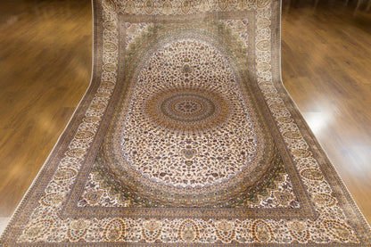 7x10 ft, Beige Classic oriental medallion Silk Rug made with viscose yarn