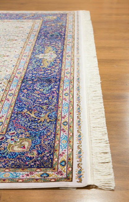 7x10 ft, Classic Blue Silk Rug: Oriental blue fine carpet with Fringes