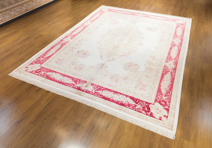 10x13 ft, Red Classic Medallion Bamboo Silk Rug, Turkish Oriental Design, Real Silk Fringes