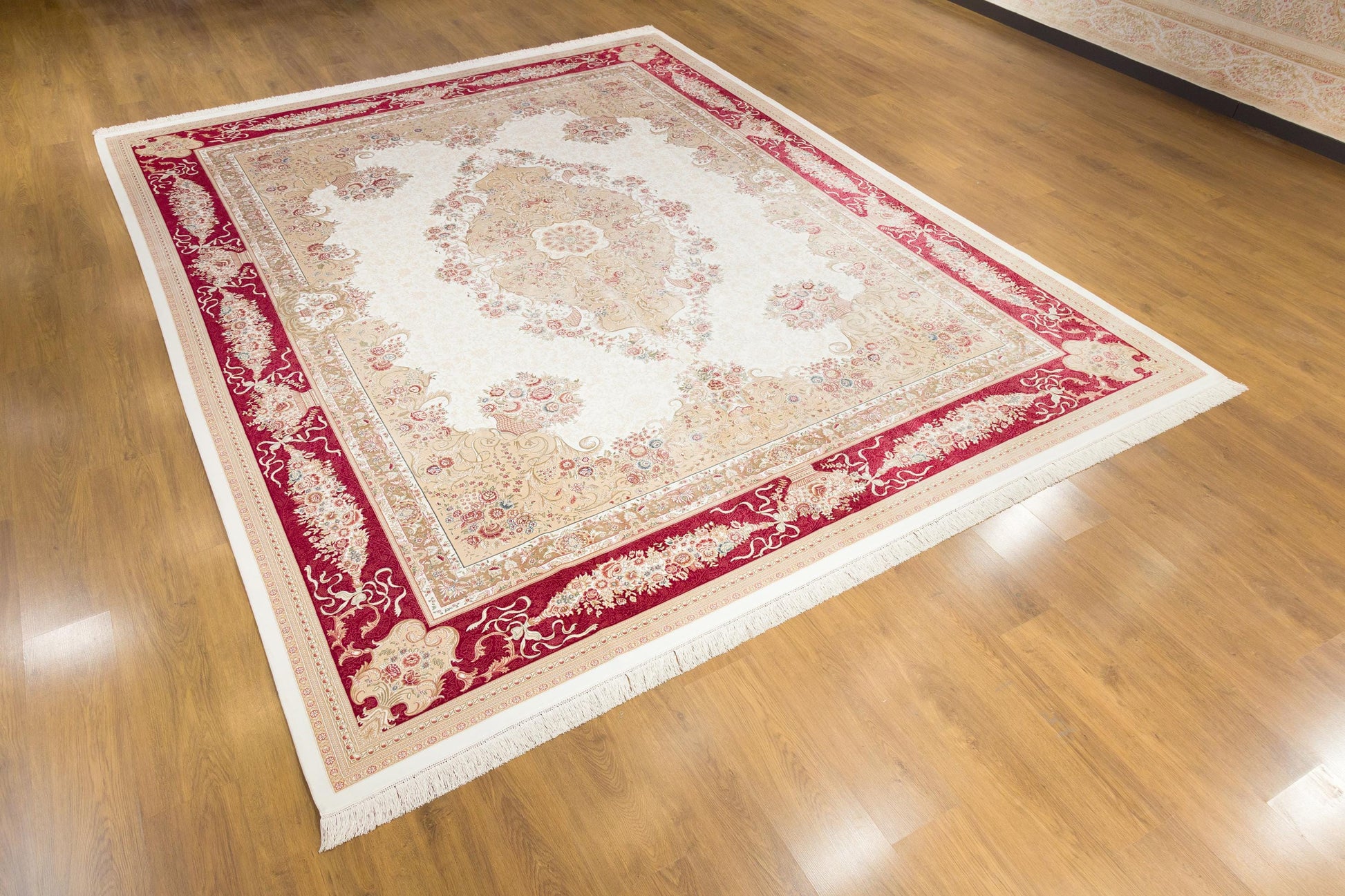 10x13 ft, Red Classic Medallion Bamboo Silk Rug, Turkish Oriental Design, Real Silk Fringes