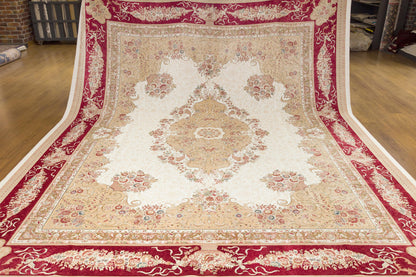 10x13 ft, Red Classic Medallion Bamboo Silk Rug, Turkish Oriental Design, Real Silk Fringes