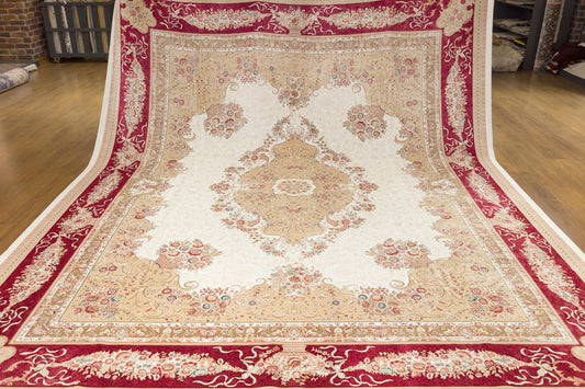 10x13 ft, Red Classic Medallion Bamboo Silk Rug, Turkish Oriental Design, Real Silk Fringes