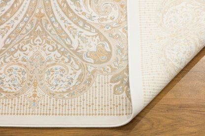 10x13 ft, Beige Classic Silk Rug with paisley desing on the border, fine fringes