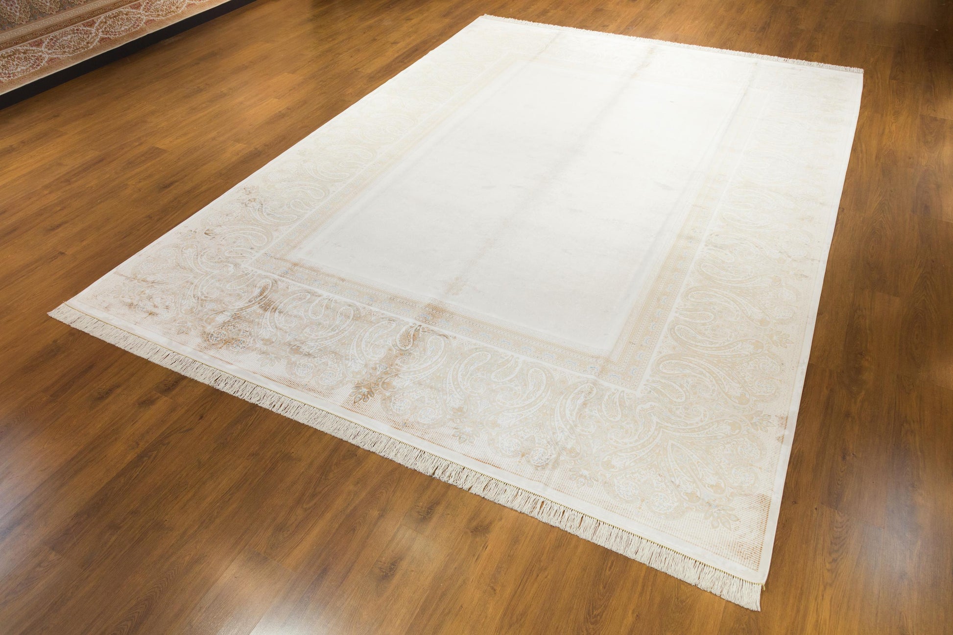 10x13 ft, Beige Classic Silk Rug with paisley desing on the border, fine fringes