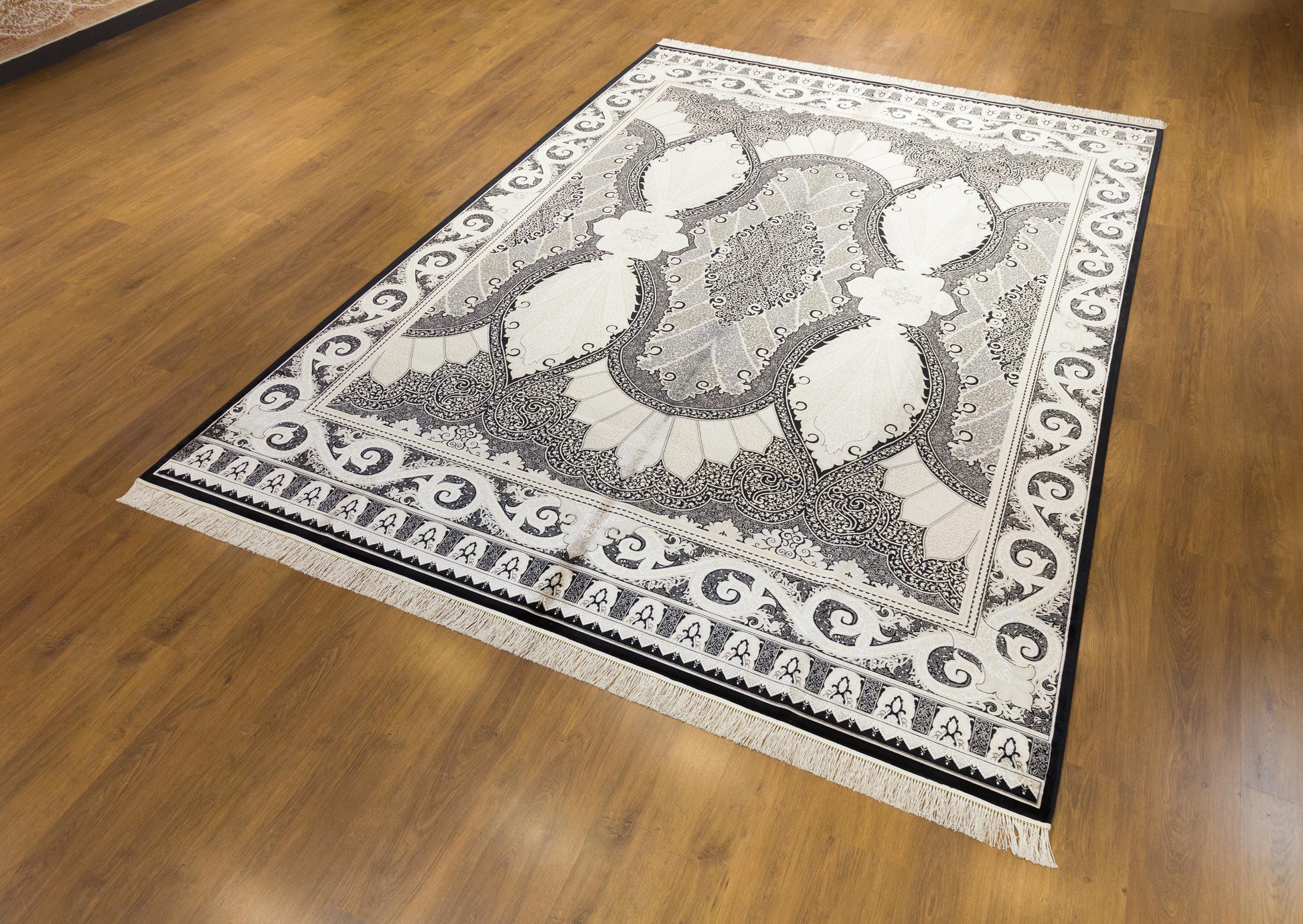 8x11 ft, Black Classic Silk oriental Rug: Fine Medallion Carpet with fringes
