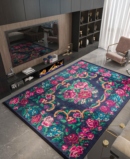 Black Vintage Karabagh Rug: Washable Floral Carpet with Tassels