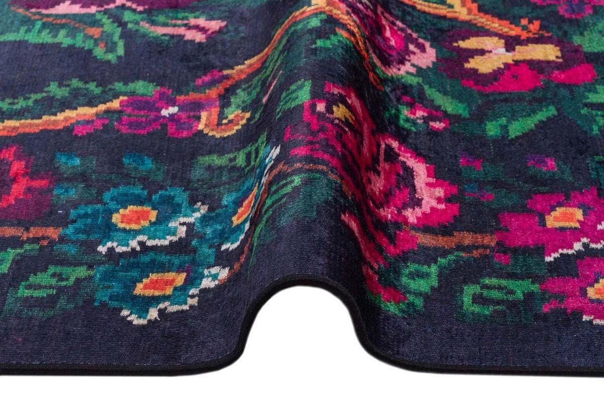 Black Vintage Karabagh Rug: Washable Floral Carpet with Tassels