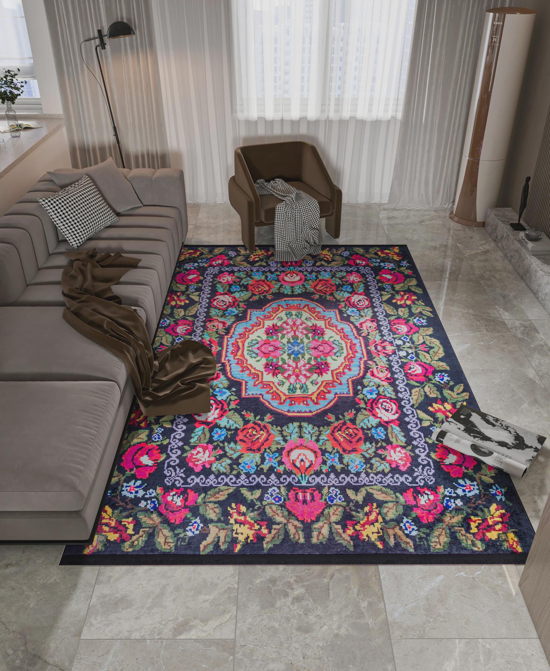 Black Karabagh Vintage Rug: Washable Floral Carpet with Tassels