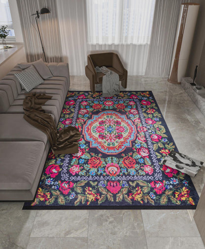 Black Karabagh Vintage Rug: Washable Floral Carpet with Tassels