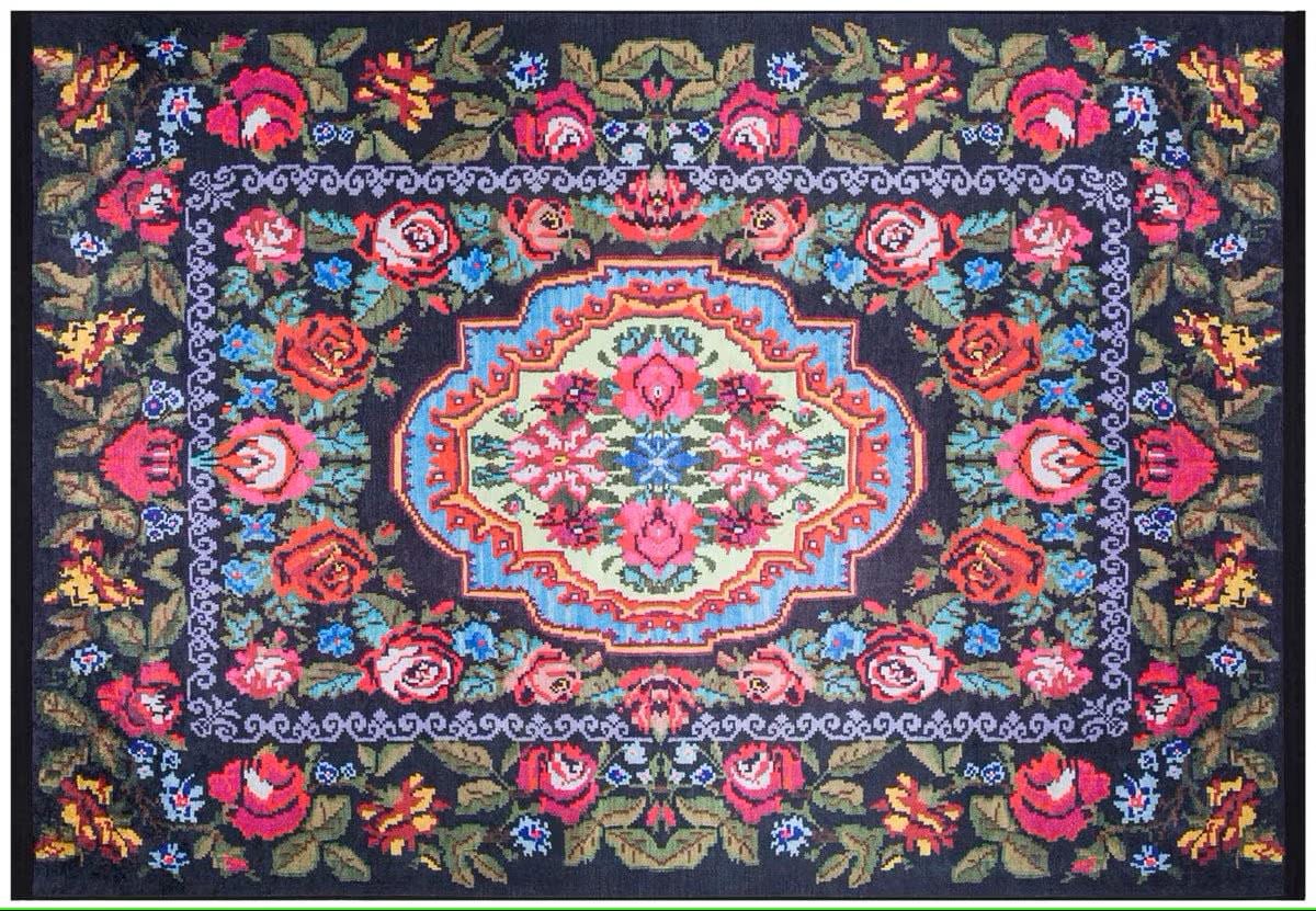 Black Karabagh Vintage Rug: Washable Floral Carpet with Tassels