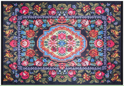 Black Karabagh Vintage Rug: Washable Floral Carpet with Tassels