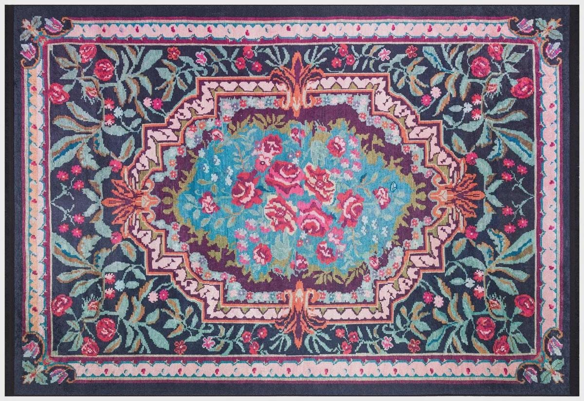 Vintage Blue Karabagh Rug: Black Floral Carpet with Tassels