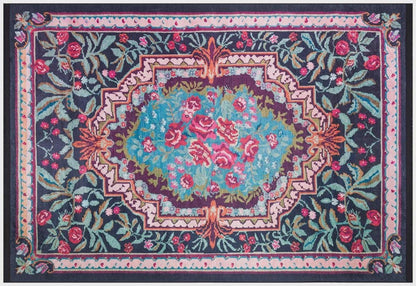 Vintage Blue Karabagh Rug: Black Floral Carpet with Tassels