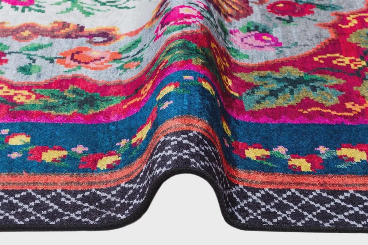 Blue Vintage Karabagh Rug: Washable Floral Carpet with Tassels