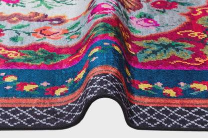 Blue Vintage Karabagh Rug: Washable Floral Carpet with Tassels
