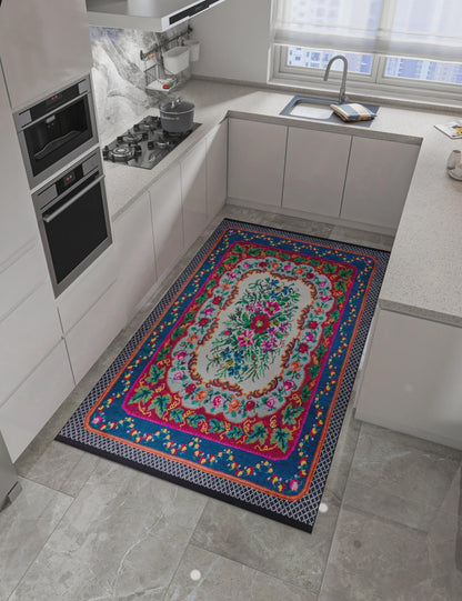 Blue Vintage Karabagh Rug: Washable Floral Carpet with Tassels