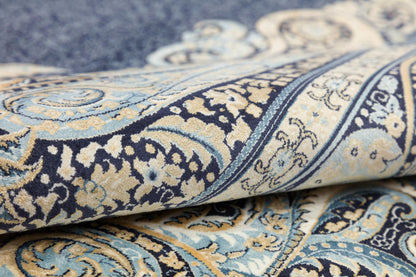 8x11 ft, Fine Blue Persian Bamboo Silk Rug, Distressed Oriental Medallion Carpet