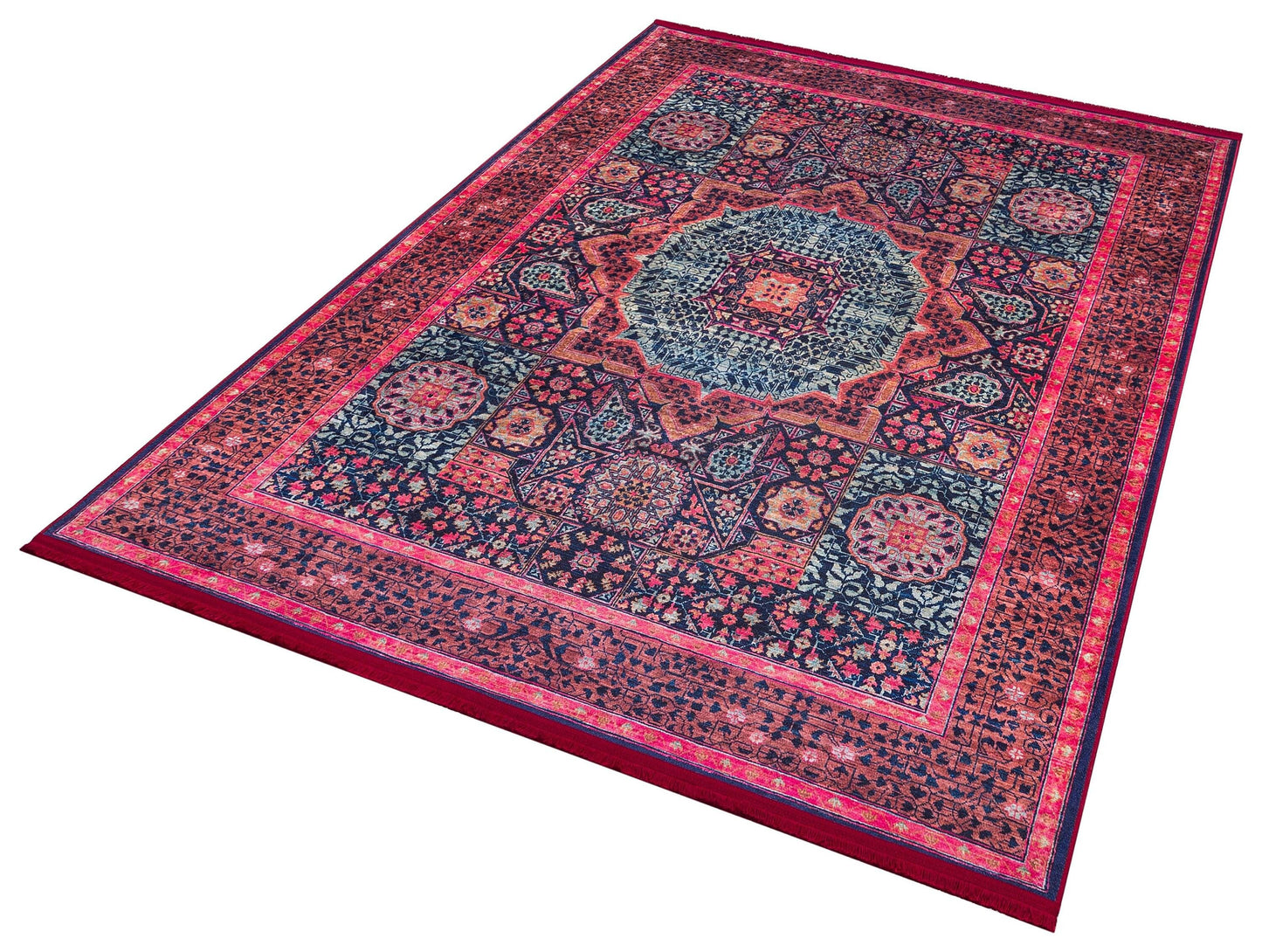 Vintage Purple oriental Mamluk Rug: Washable Red Area Carpet with Tassels