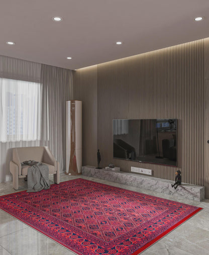 Vintage Red Afghan Rug: Washable Living Room Carpet